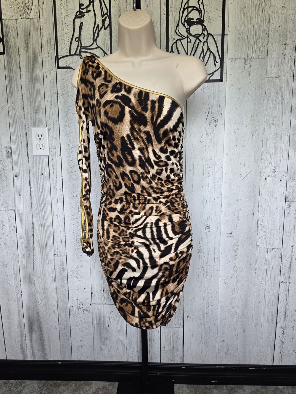 Cameo One Shoulder Animal Print Ruched Bodycon Dress Size L